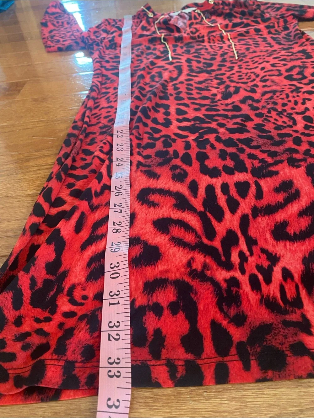 Michael Kors Red Leopard Print Chain Neck Sheath Dress Long Sleeve Sz S